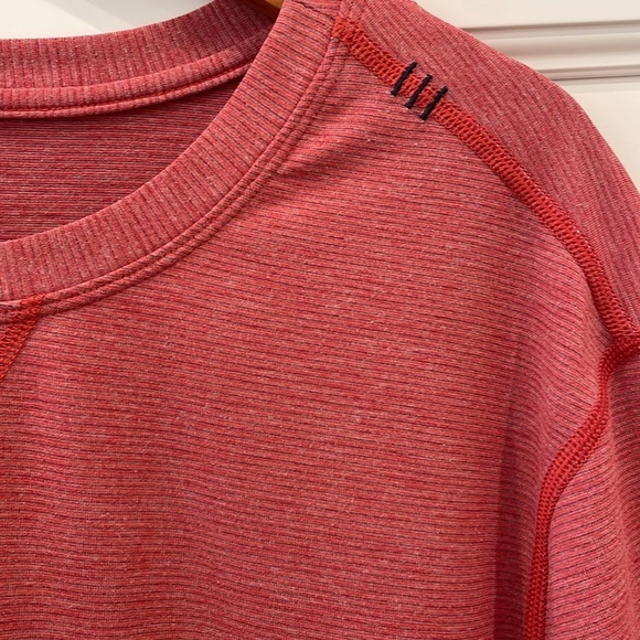 Lululemon Red Faintly Striped With Gray Insets Short Sleeve Shirt—Excellent! - Picture 2 of 6